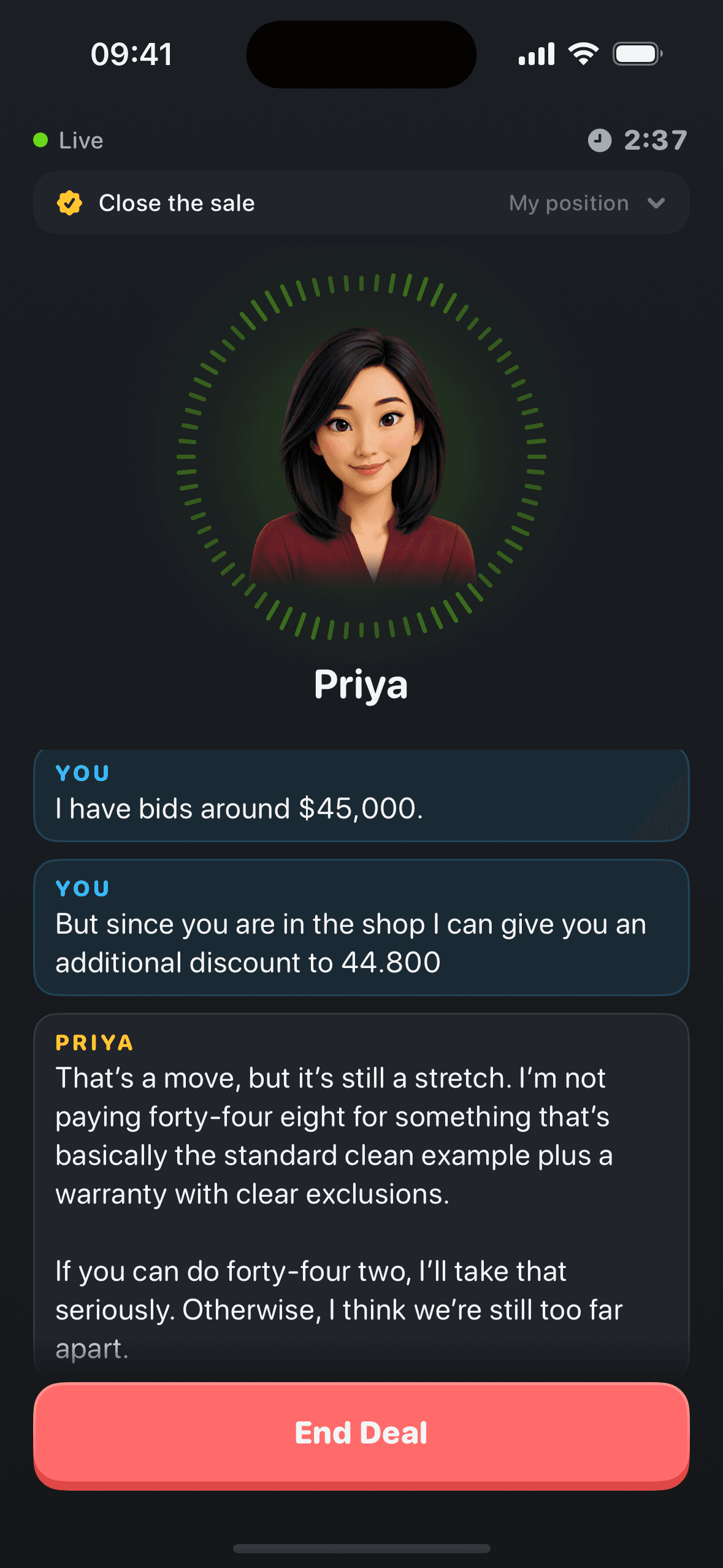 A Deal in progress: Priya on screen inside a live voice ring at 2:37, pushing back on the price