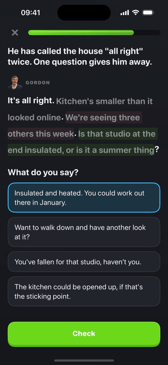 A drill: Gordon's line with the telling question highlighted, and four answers to choose from